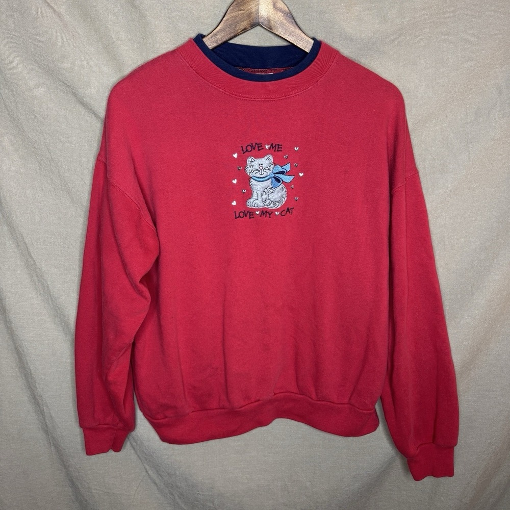 80s VTG Love My Cat Love Me Sweatshirt Crewneck Granny Grandma Chic Embroidered